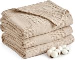 100% Cotton Waffle Weave Throw Blanket 60" X 80" Twin Size, Grid Checkered Textured, Soft Cozy Lightweight Breathable Blankets, Boho Farmhouse Throws for Couch Bed Sofa, Khaki