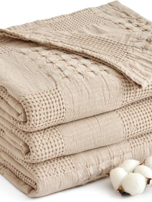 100% Cotton Waffle Weave Throw Blanket 60" X 80" Twin Size, Grid Checkered Textured, Soft Cozy Lightweight Breathable Blankets, Boho Farmhouse Throws for Couch Bed Sofa, Khaki