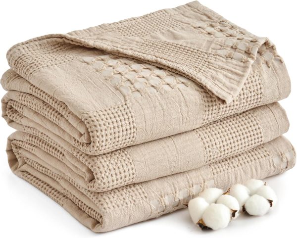100% Cotton Waffle Weave Throw Blanket 60" X 80" Twin Size, Grid Checkered Textured, Soft Cozy Lightweight Breathable Blankets, Boho Farmhouse Throws for Couch Bed Sofa, Khaki