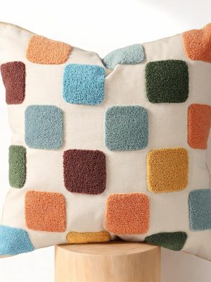 Embroidered Throw Pillow Cover 18x18 Inch - Modern Geometric Decorative Pillow Cover with Zipper for Sofa Couch Living Room Chair Car Aesthetic Design Cushion Pillowcase, Colorful Checkered