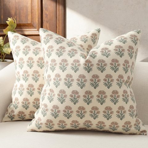 Farmhouse Floral Pillow Covers 18x18 Set of 2, Country Botanical Throw Pillow Cover for Sofa Couch Bed Living Room, Rustic Vintage Flower Cushion Covers Cottage Home Decor,Blush Sage