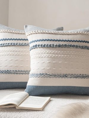 Boho Throw Pillow Covers 18x18 Inch Set of 2, Blue Textured Decorative Couch Pillow Cases for Farmhouse Home Decor, Accent Cushion Cover for Sofa, Bed, Living Room, Bedroom