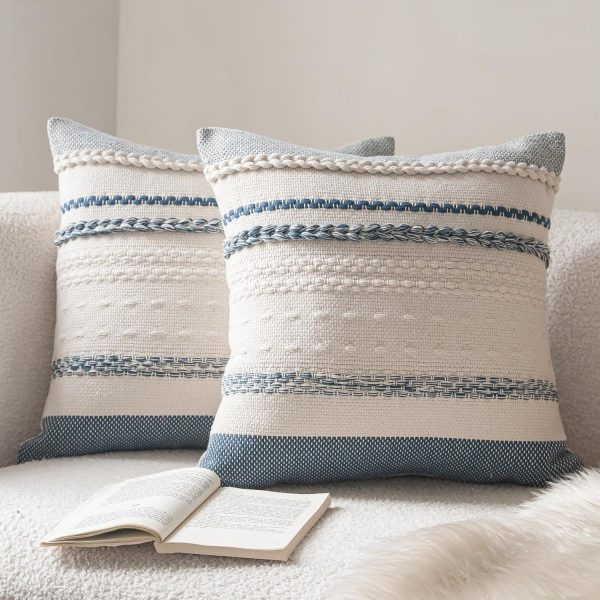 Boho Throw Pillow Covers 18x18 Inch Set of 2, Blue Textured Decorative Couch Pillow Cases for Farmhouse Home Decor, Accent Cushion Cover for Sofa, Bed, Living Room, Bedroom