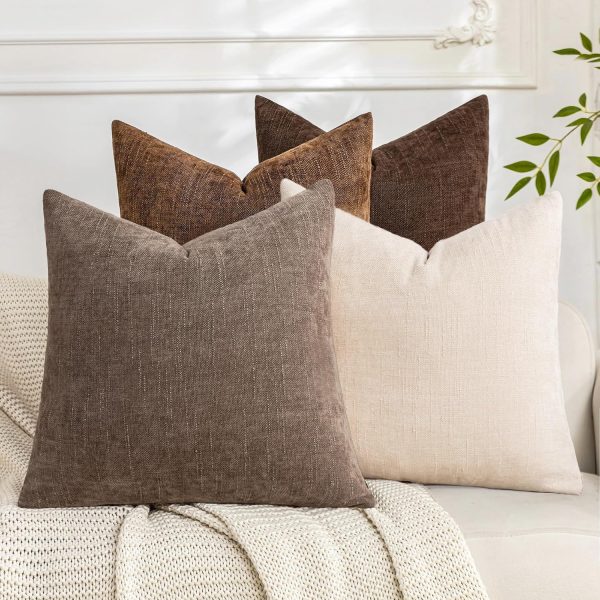 Set of 4 Soft Textured Throw Pillow Covers 18x18 Inch Cozy Decorative Farmhouse Cushion Cover Square Accent Pillow Cases for Bed Couch Sofa Living Room, Beige Taupe Brown
