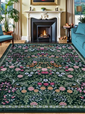 8x10 Area Rugs for Living Room: Floral Washable Rug Vintage Large Soft Boho Non-Slip Carpet Indoor Floor Stain Resistant Carpets for Bedroom Dining Room Farmhouse Nursery Home Office Dark Green