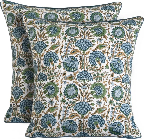Block Print Asparagus Green Pillow Cover 18" x 18" (Pack of 2) Decorative Couch Pillows for Living Room, Farmhouse Chic Boho Cute Outdoor Pillows Covers Gifts for Spring, Mother's Day