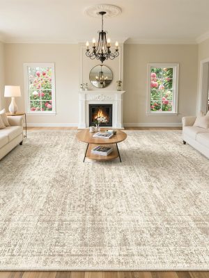 10x14 Area Rugs for Living Room, Non Slip Machine Washable Vintage Rugs, Low Pile Lightweight Large Rug for Bedroom, Dining Room, Home Office Beige