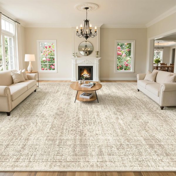 10x14 Area Rugs for Living Room, Non Slip Machine Washable Vintage Rugs, Low Pile Lightweight Large Rug for Bedroom, Dining Room, Home Office Beige