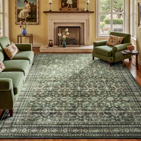 8x10 Area Rug for Living Room,Green Washable Large Rugs with Non-Slip Backing,Soft Boho Carpets for Bedroom Dining Room Home Office Indoor Nursery