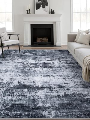 5x7 Area Rug Living Room Rug: Washable Modern Abstract Soft Thin Rug Indoor Floor No Slip Stain Resistant Carpet for Bedroom Dining Room Farmhouse Nursery Home Office - Black