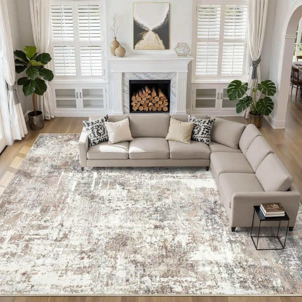 10x14Ft Area Rugs Living Room: Washable Large Abstract Modern Soft Rug Stain Resistant Indoor Floor Non Slip Accent Carpet for Bedroom Nursery Playroom Office Dining Room Dorm Home- Brown