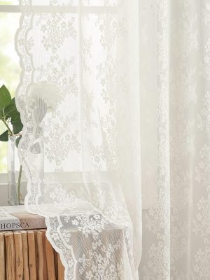 Vintage Lace Curtains 84 Inches Long-Victorian Floral Pattern Ivory Sheer Curtain Panels for Living Room Bedroom French Door, Light Filtering Drapes, 2 Panels 52W x 84L Cream
