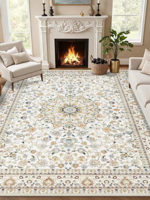 5x7 Area Rugs Living Room Rug: Washable Vintage Boho Rug No Slip Stain Resistant Soft Carpet Indoor Floor Floral Large Carpets for Bedroom Dining Room Farmhouse Nursery Hallway Home Office Beige