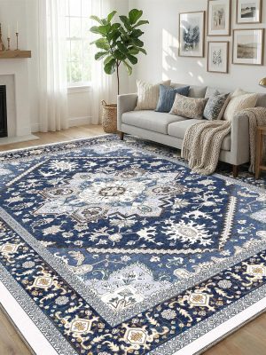 Soft 10x14 Area Rugs, Washable Rugs 10x14 with Non Slip Backing, Low-Pile Faux Cashmere 10 x 14 Carpet, Navy Blue & Gold