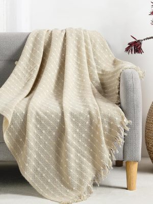 Faux Cashmere Fringe Throw Blanket Decorative Lightweight Throw Soft Cozy for Bed or Sofa Outdoor Blanket, Beige 50x60 inches