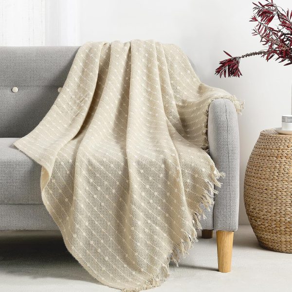 Faux Cashmere Fringe Throw Blanket Decorative Lightweight Throw Soft Cozy for Bed or Sofa Outdoor Blanket, Beige 50x60 inches